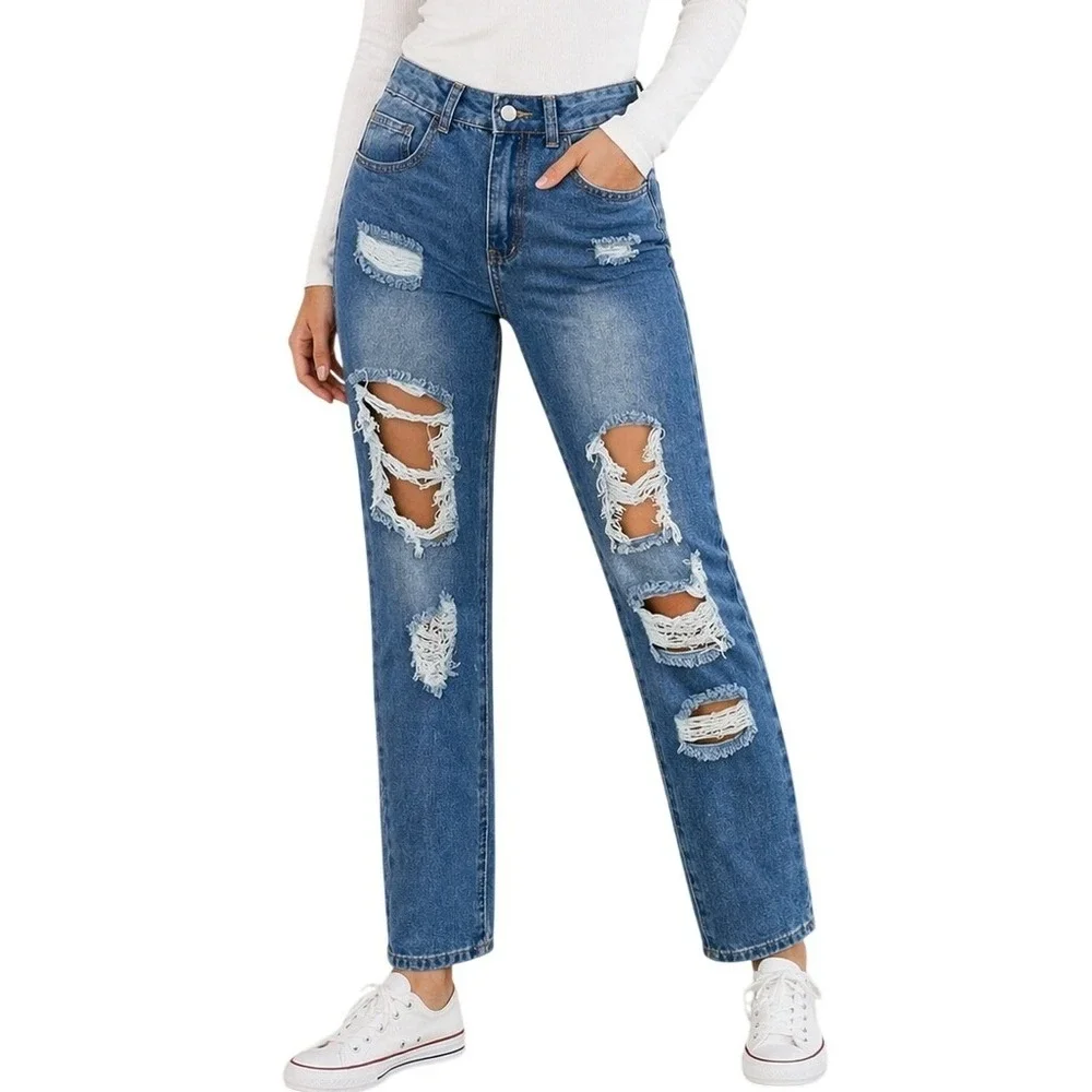 Distressed Jeans Women Size Small Blue Ripped‎ High Rise Straight Leg